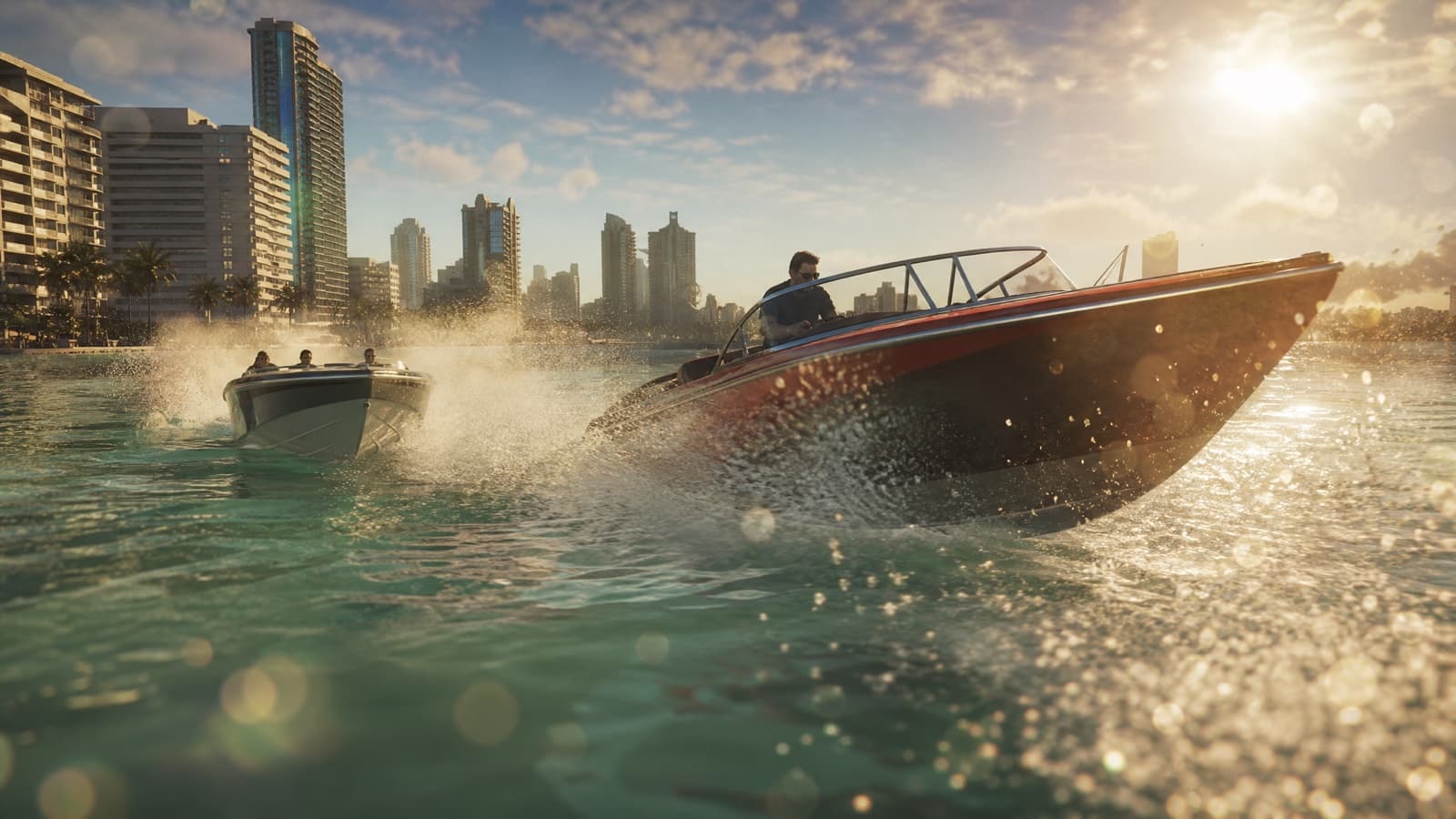 Example result from the Coastal boat chase prompt — Speedboats, spray, golden hour. The most underused GTA setting.
