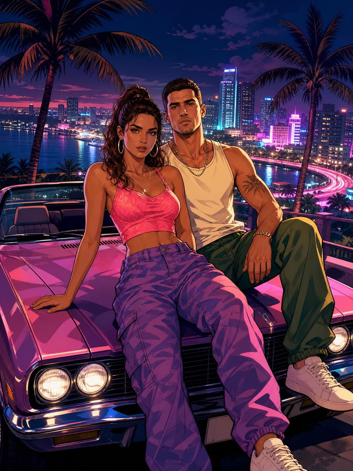 Example result from the Couple cover art prompt — Two-hander on the hood of a convertible. The share-rate winner.