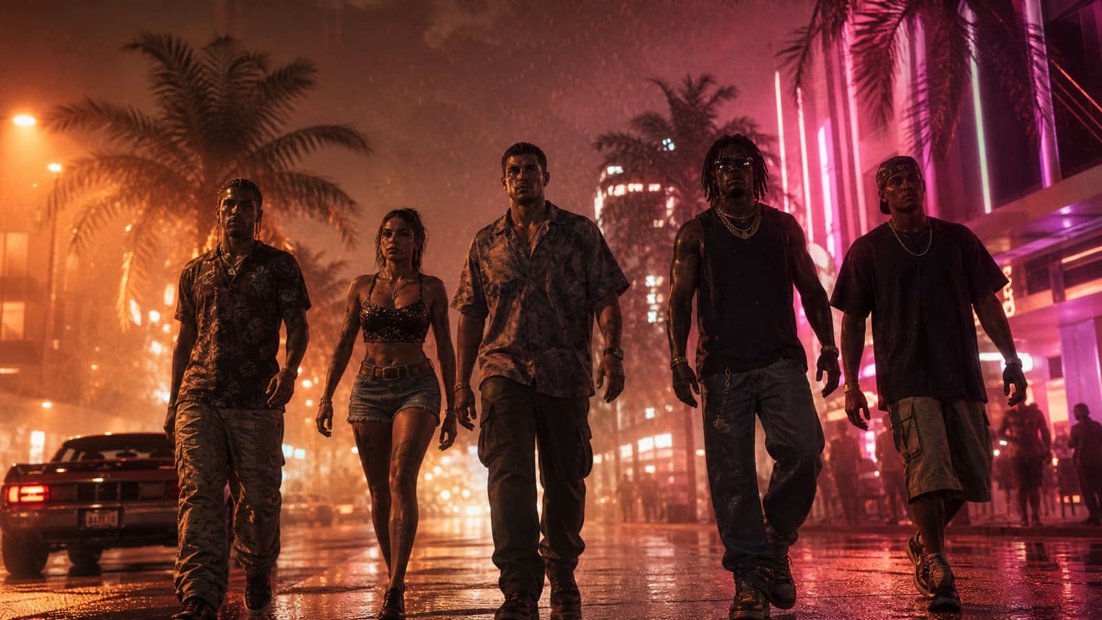 Example result from the Crew walk-up prompt — Five people walking at the camera in slow motion. Zero subtlety.