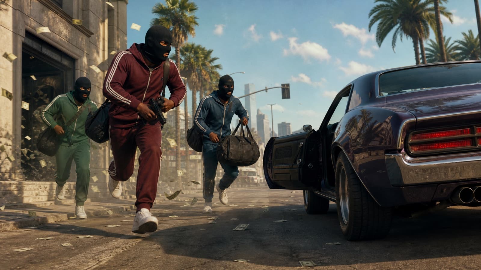 Example result from the Heist getaway prompt — Masked crew, running engine, cash in the air.