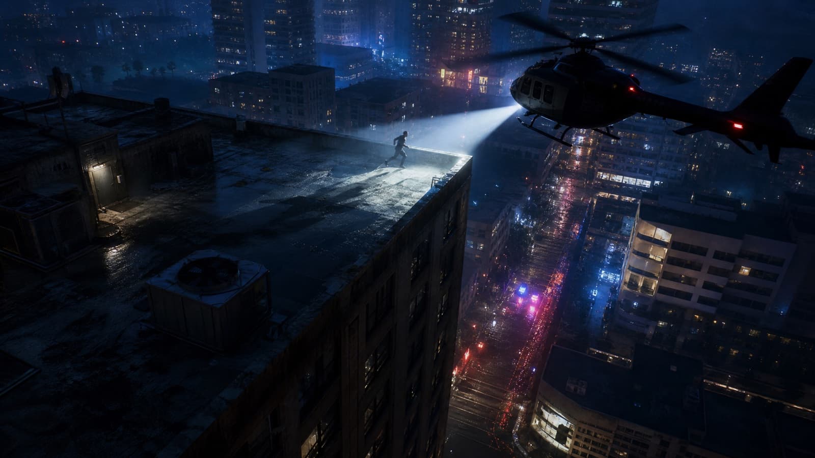 Example result from the Helicopter pursuit prompt — Spotlight, rotor wash, five-star energy.
