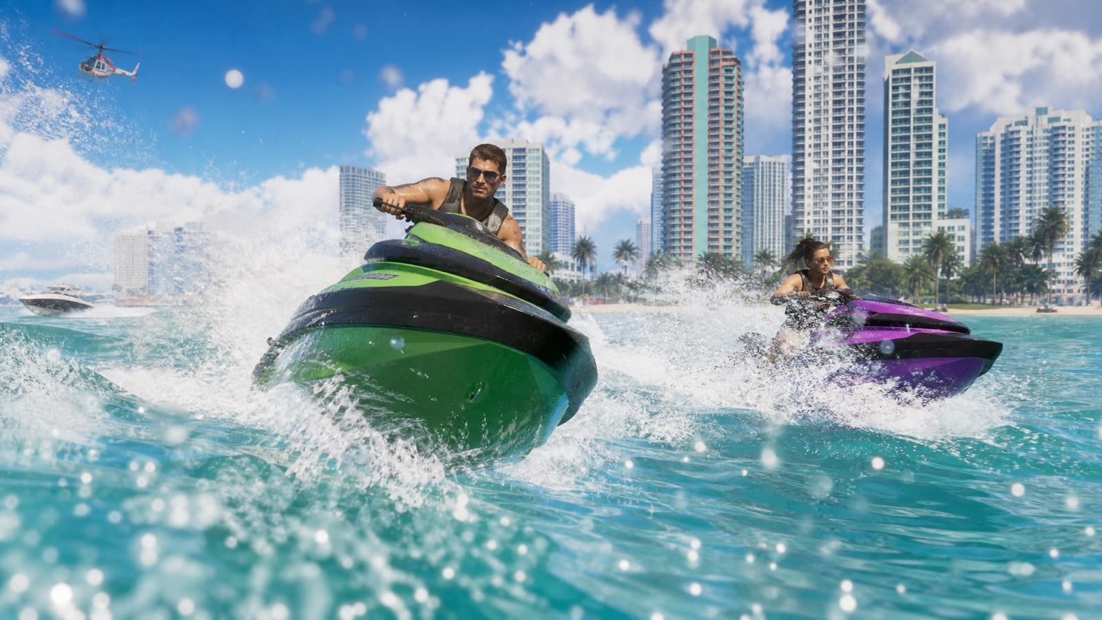 Example result from the Jet ski chase prompt — Turquoise water, tall spray, skyline behind. Very underused.
