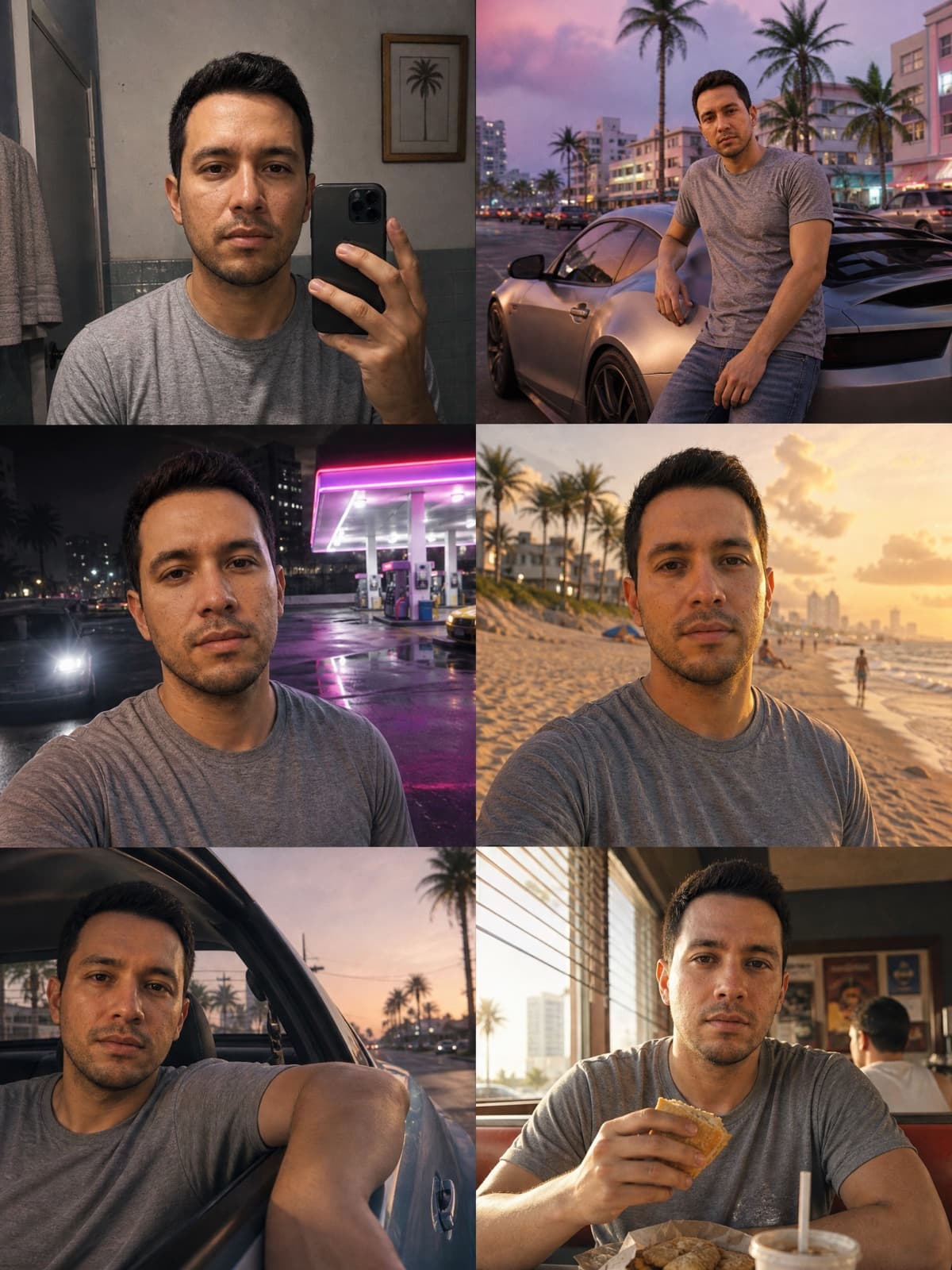 Example result from the Vice City photo dump prompt — Six casual in-world snaps, like you actually live there.