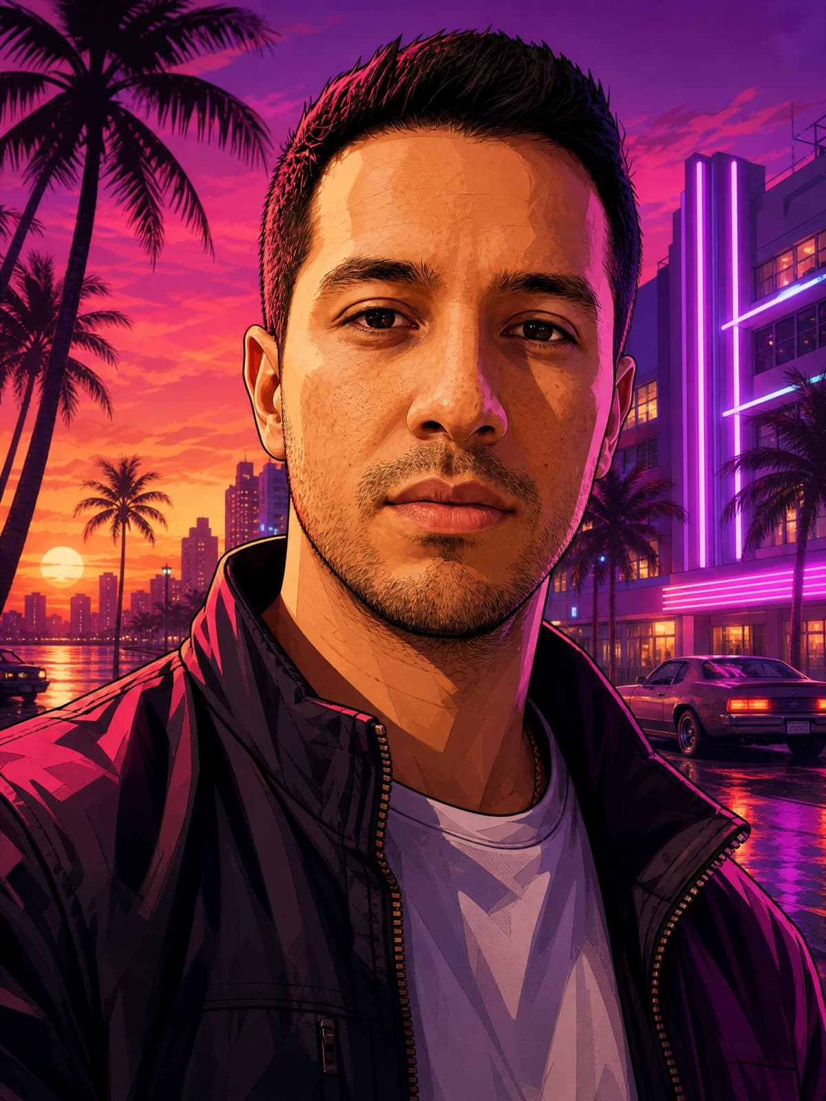 Example result from the Loading-screen portrait prompt — The original 'GTA Me'. Cel-shaded, bold outlines, painted finish.
