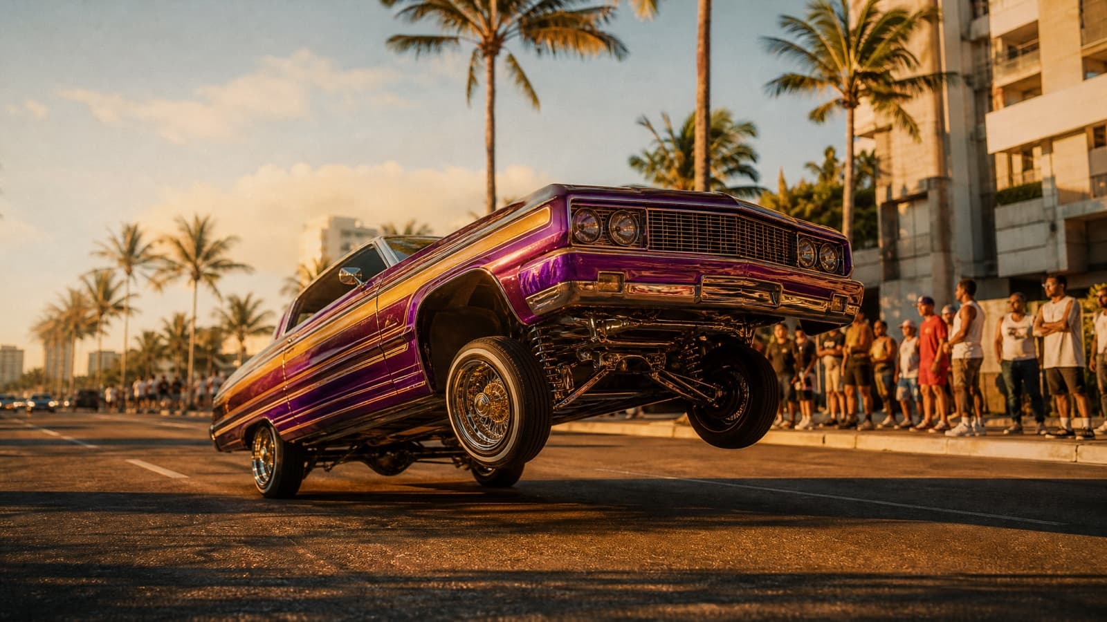 Example result from the Lowrider cruise prompt — Hopping on hydraulics at golden hour. Warmer than the neon shots.