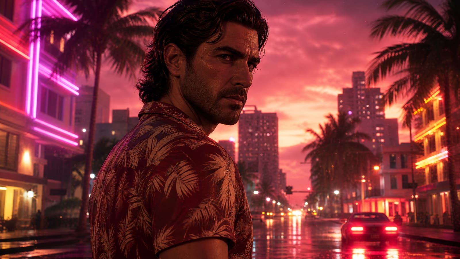 Example result from the Main-character moment prompt — The still, animated. Your face, moving, in Vice City.