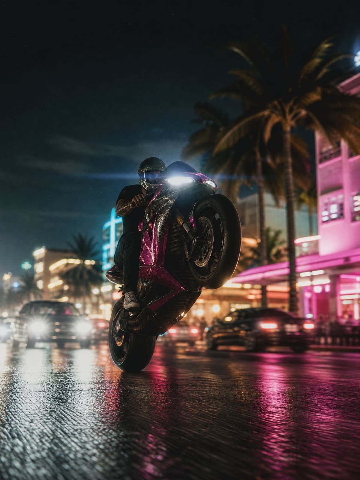 Example result from the Downtown wheelie prompt — Front wheel up, traffic behind, sparks optional.
