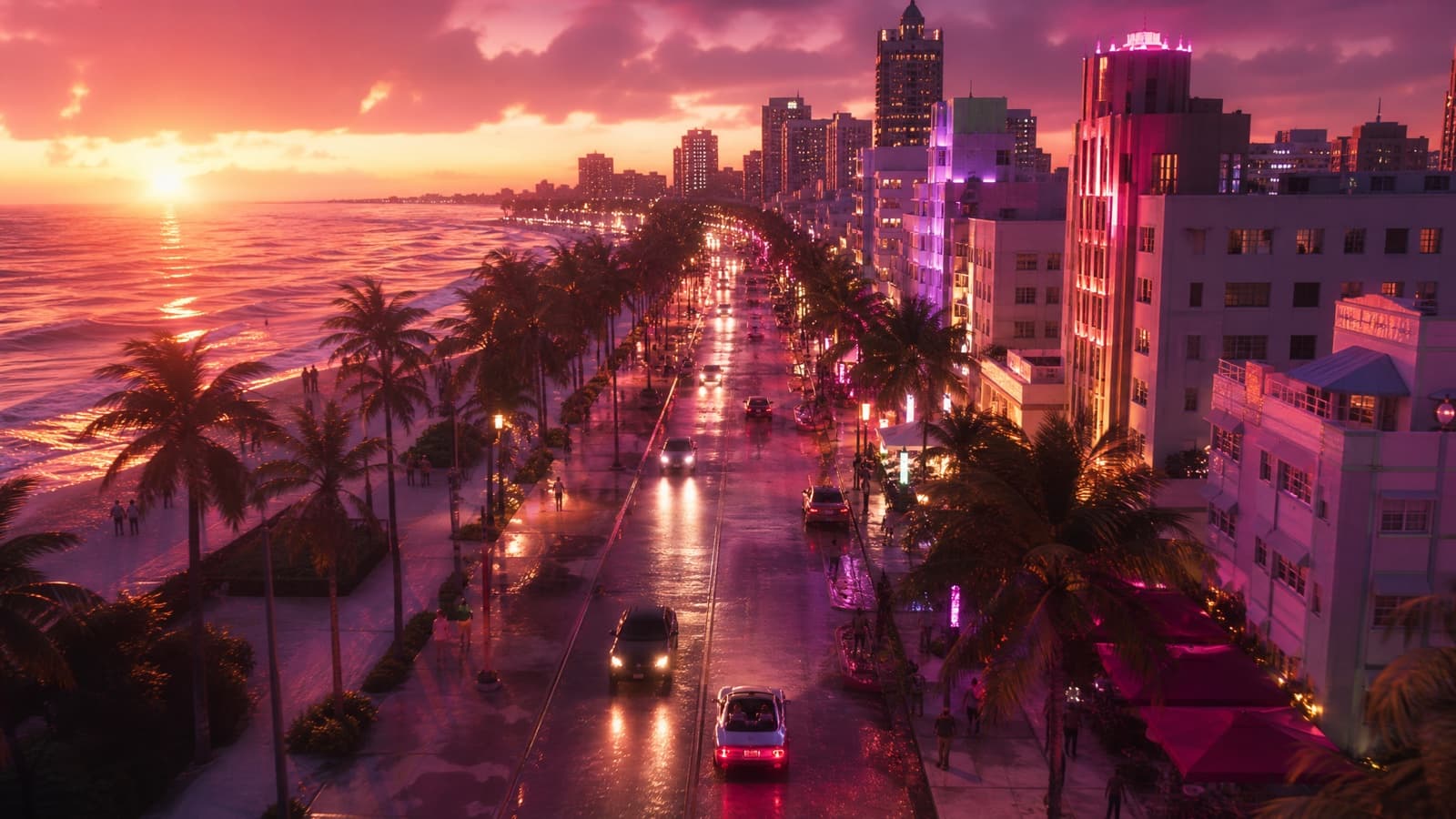 Example result from the Neon dusk drive prompt — The establishing shot every GTA trailer opens on.