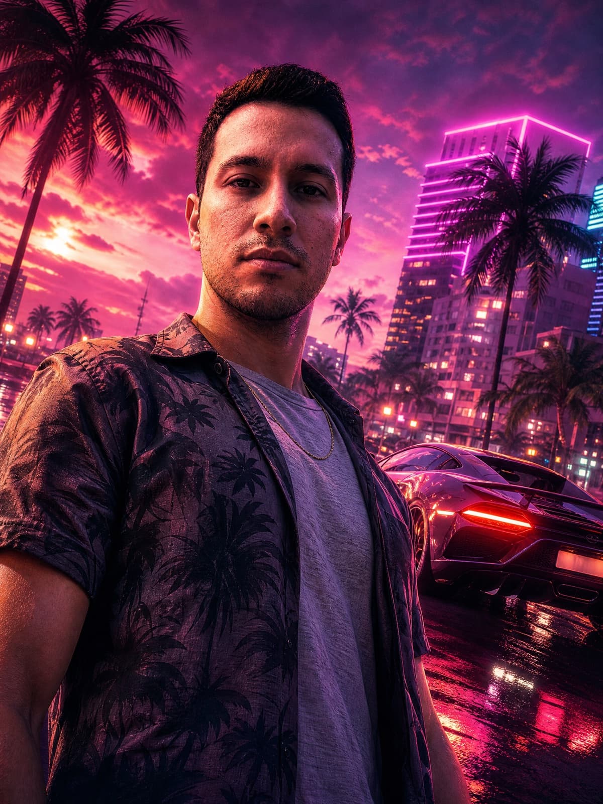 Example result from the Neon key art prompt — Movie-poster energy. Low angle, supercar, wet neon street.