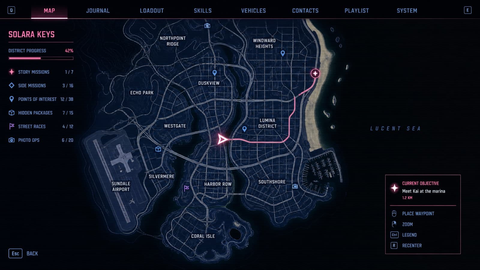 Example result from the Pause-menu map prompt — High-contrast vector city map with a player blip.
