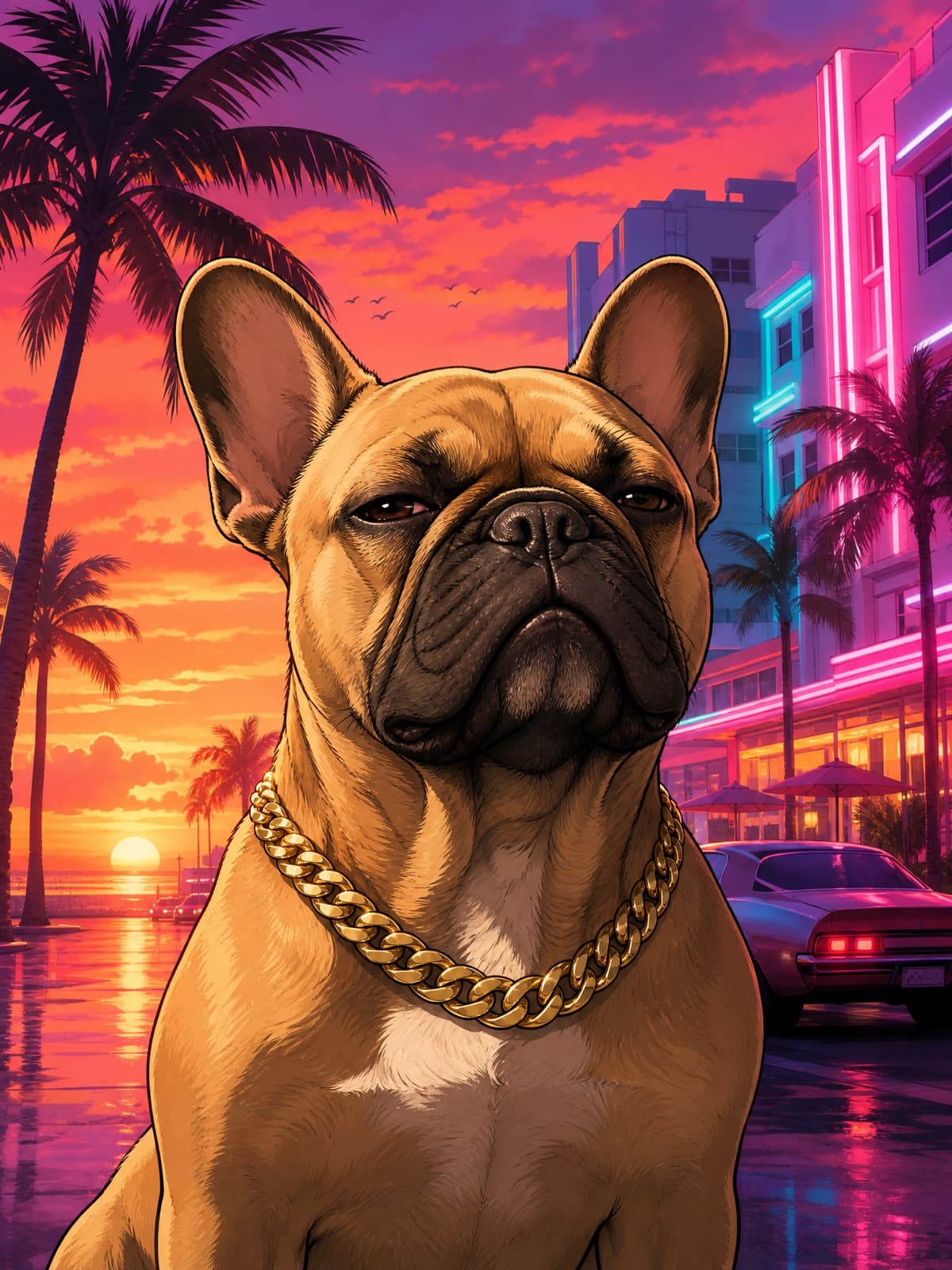 Example result from the Pet loading screen prompt — Your dog as the protagonist. Chain included.