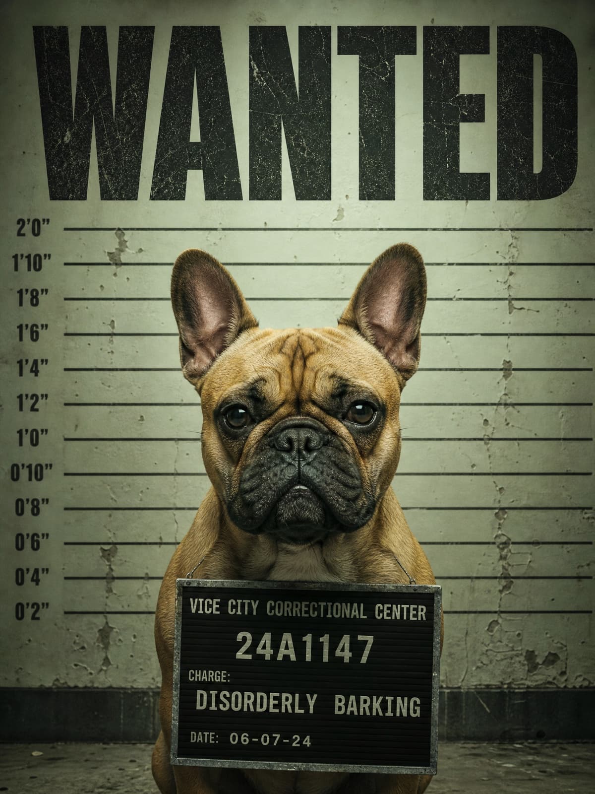Example result from the Pet mugshot prompt — Height chart, invented charge, absolutely no remorse.
