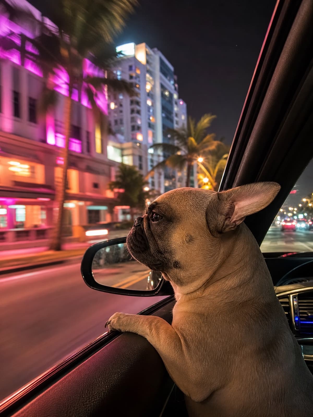 Example result from the Pet riding shotgun prompt — Head out the window, neon going past. Photoreal, not illustrated.