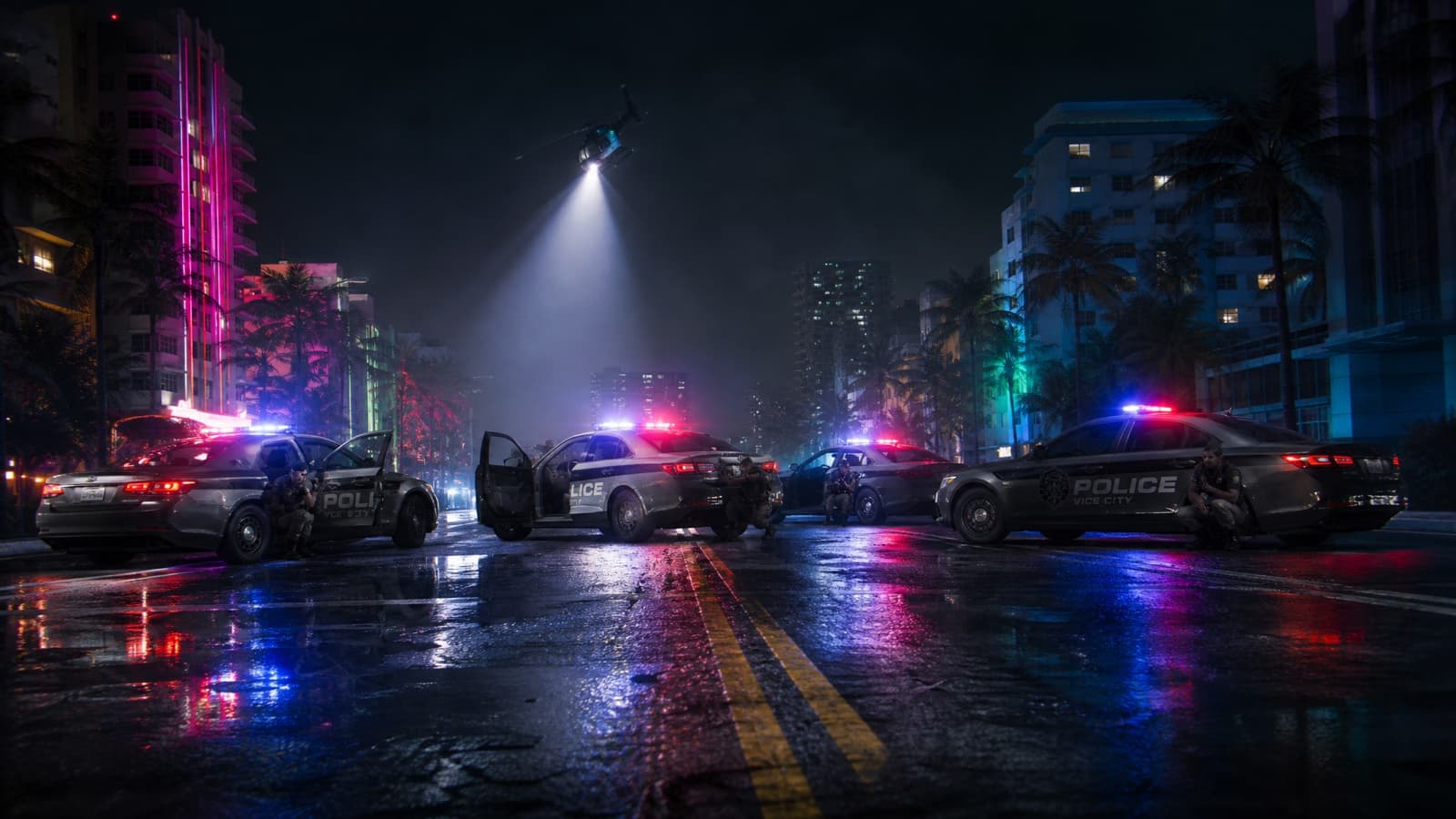 Example result from the Police roadblock prompt — Cars across the road, doors open, lights strobing. Pure tension.