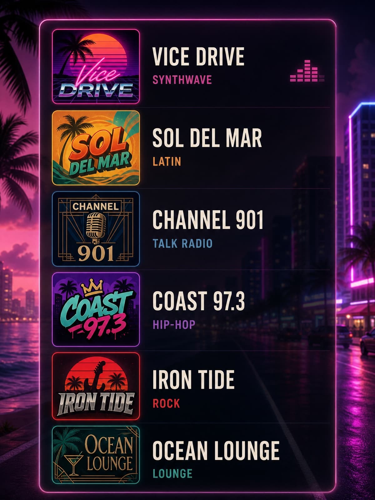 Example result from the Radio station art prompt — Invented station logos in a dial lineup. Nobody else covers this.