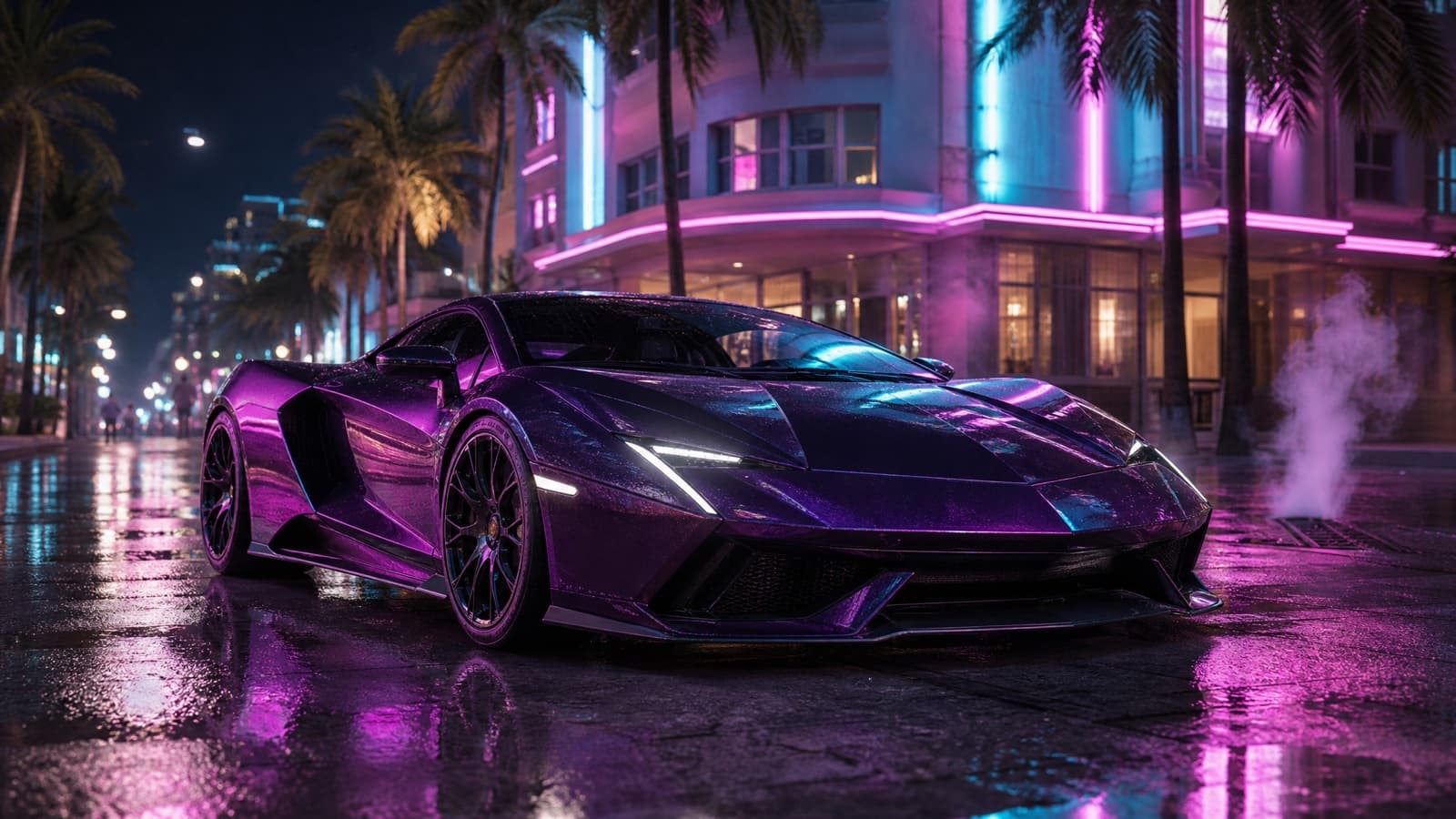Example result from the Supercar hero shot prompt — Parked, wet, lit from below. The cleanest wallpaper on the page.
