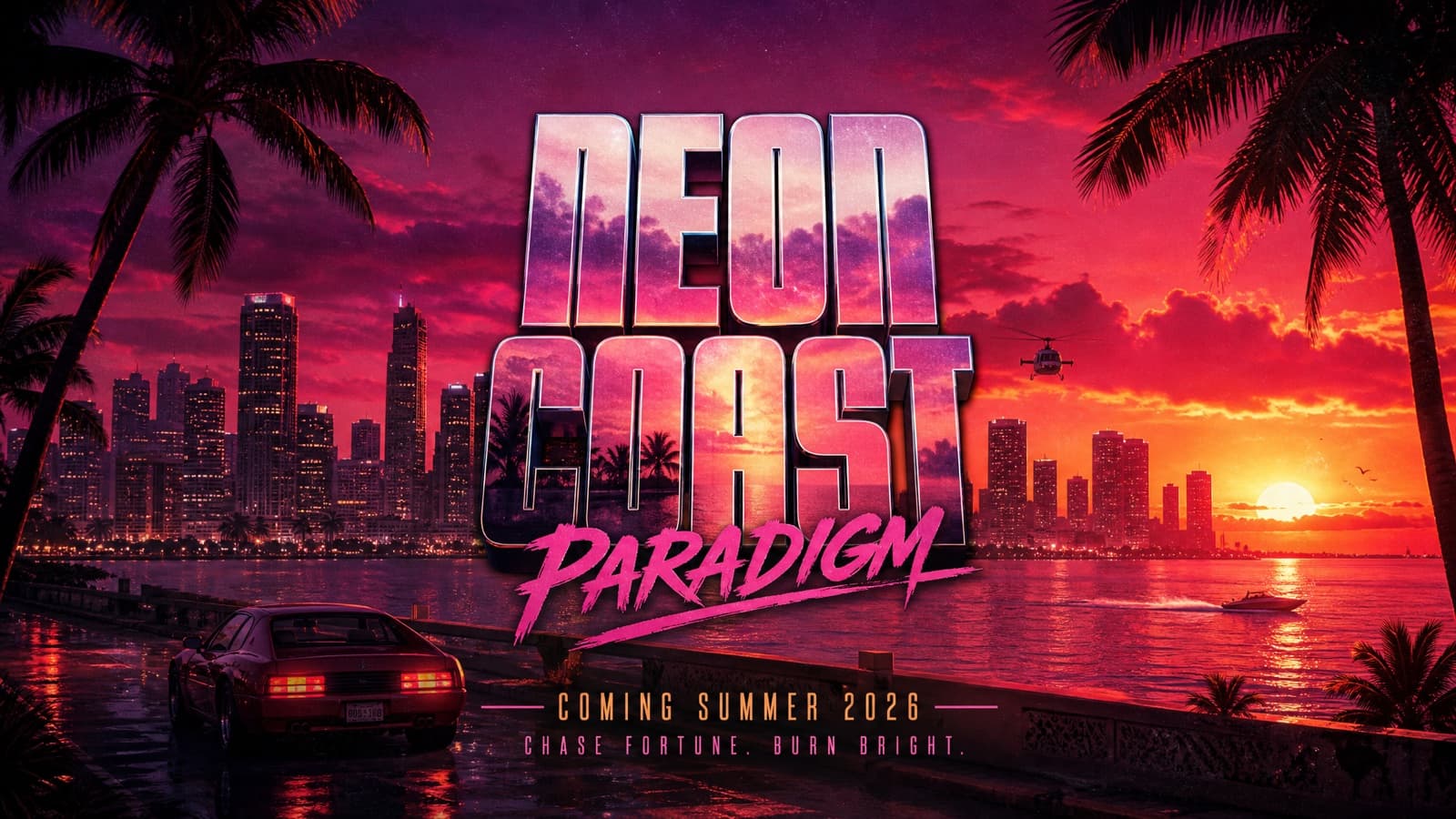 Example result from the Trailer end card prompt — The last frame — invented title over a sunset skyline.