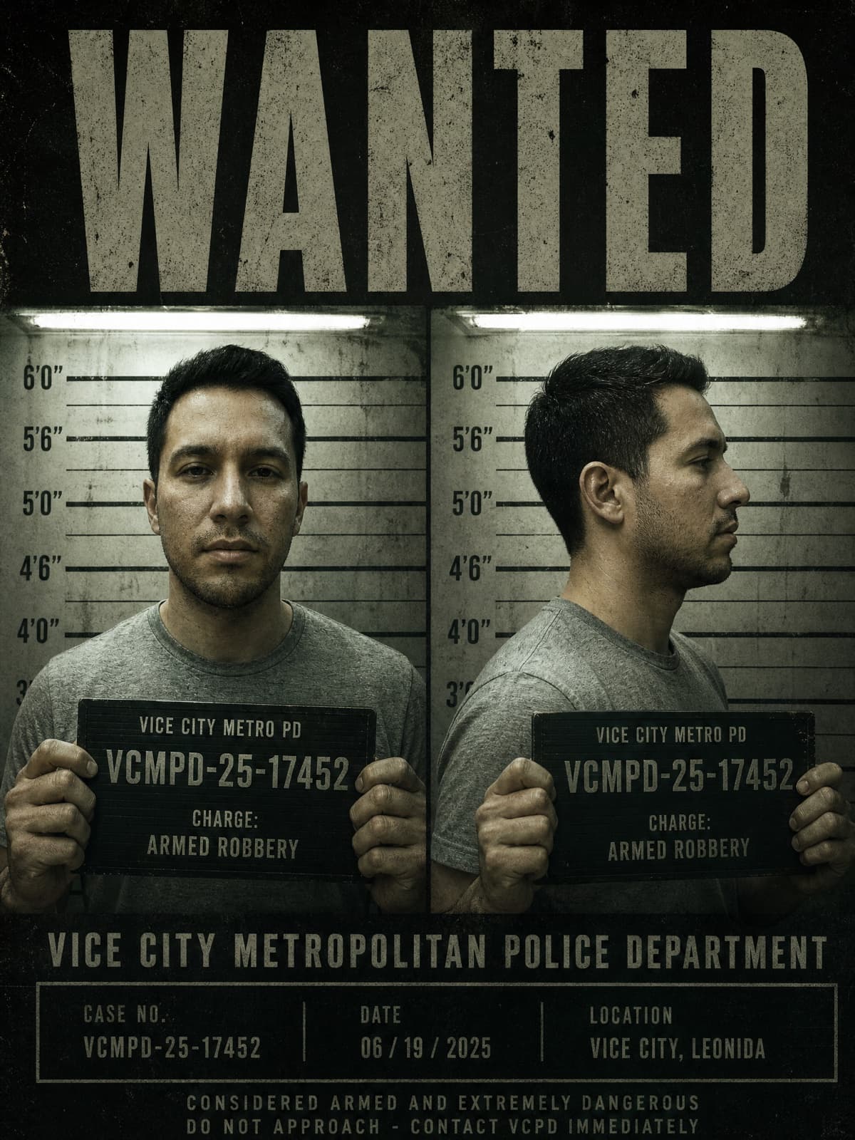 Example result from the WANTED mugshot prompt — Front and profile, height chart, invented charges. Pure meme fuel.