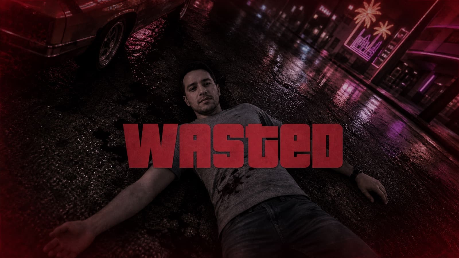 Example result from the WASTED death screen prompt — Desaturated freeze-frame, big centered word. Instantly legible.