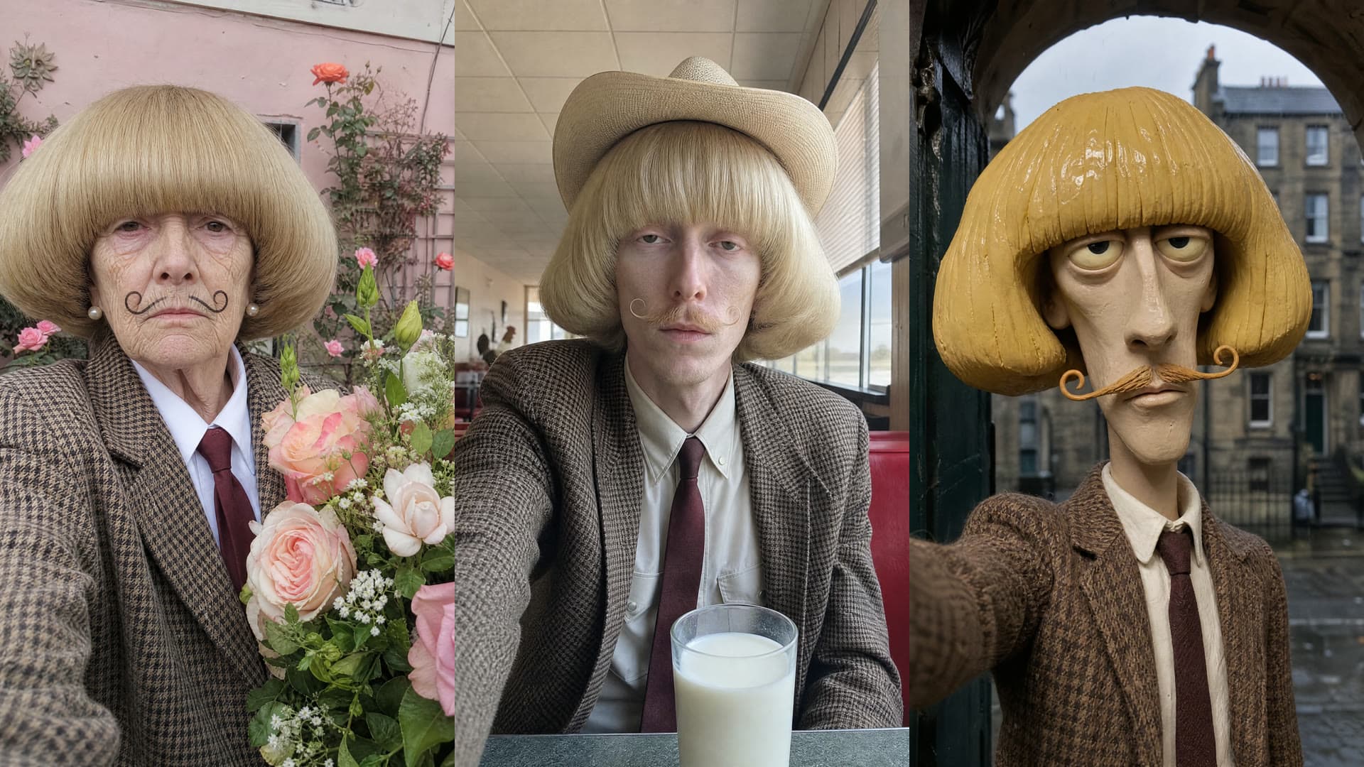 Three of Starrd's own Jean Phil-style AI characters, Odette, Wade and Barnaby, each with a huge blond bob and a curled moustache. Not Jean Phil.