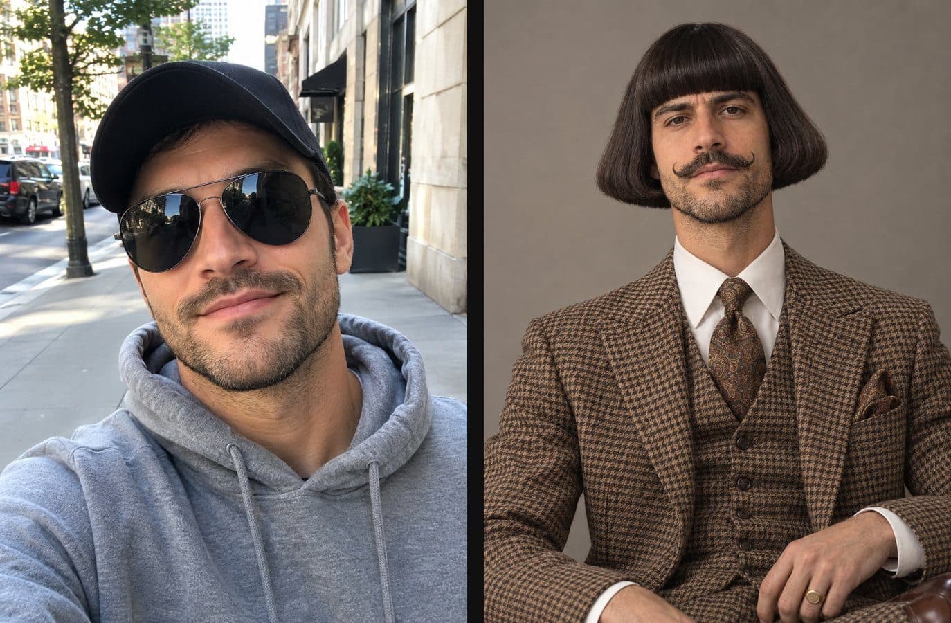 Before and after, using a Starrd example character: a man's street selfie in a black cap, aviator sunglasses and grey hoodie, then the same man as The Jean, with a dark flared bob, a handlebar mustache and a brown houndstooth three-piece suit. Not Jean Phil, and not a real person.